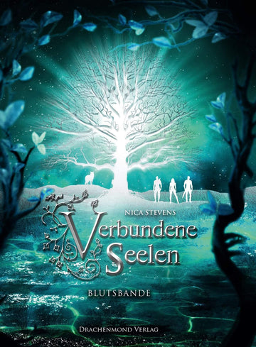 Das Cover zeigt eine von hinten beleuchtete Silhouette eines kahlen Baumes. Rechts neben dem Baum kann man drei Personen erkennen, links daneben einen Wolf. Im unteren Drittel des Covers ist Wasser abgebildet, welches grünblau schimmert. Auf dem Cover sind am Rand Zweige und Blätter abgebildet. Der Titel und der Name der Autorin stehen unterhalb des Baumes. Das Cover ist in Grüntönen gehalten.